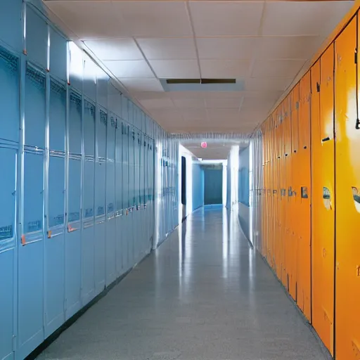 Image similar to the interior of an empty school hallway, small, cramped, blue lockers, large painted white brick walls, dim fluorescent lighting, circa 2 0 0 2