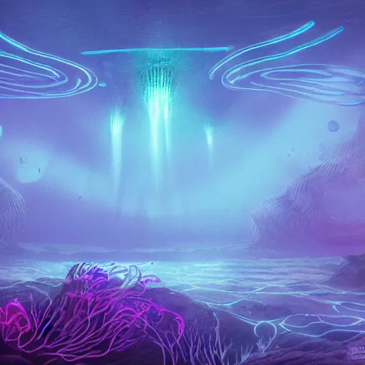 Image similar to an underwater alien ocean, filled with bioluminescence, twirling glowing sea plants, neon colors, and a mystical misty glow, ethereal, detailed, fantasy illustration, dark brooding and eerie