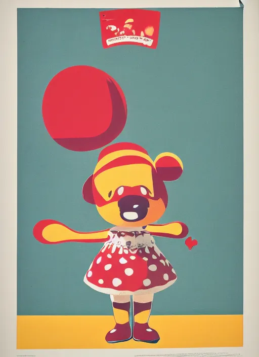 Image similar to Polish posters for Isabelle from Animal Crossing. Screen printed, silkscreen, two-tone paper texture. 1968