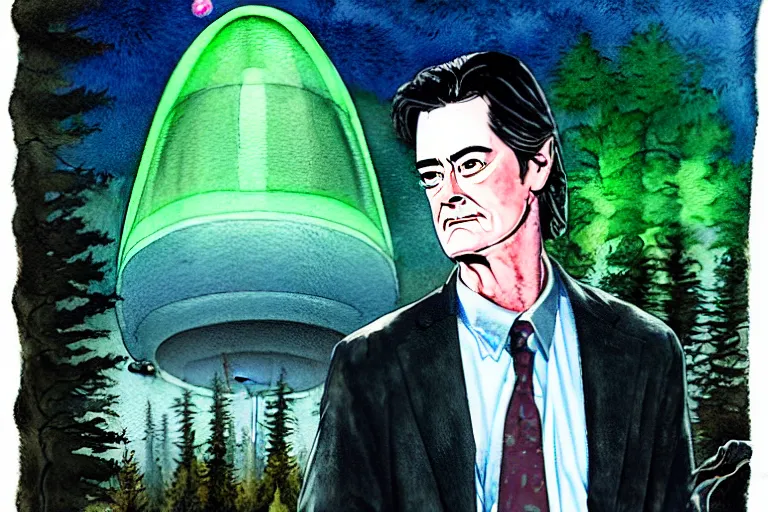 Image similar to a hyperrealist watercolour character concept art portrait of kyle maclachlan from twin peaks on well lit night in the forest with city lights. a ufo is in the background. by rebecca guay, michael kaluta, charles vess and jean moebius giraud