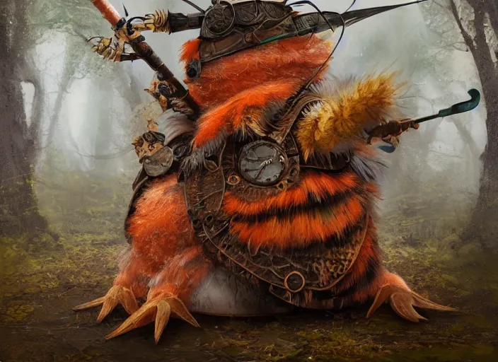 Image similar to ashigaru steampunk - inspired feathered mouse, colorful plumage, lacquered armor, cute but determined, hard focus, art station, by jessica rossier and brian froud, cinematic fantasy painting, orange grey white, in a woodland glade