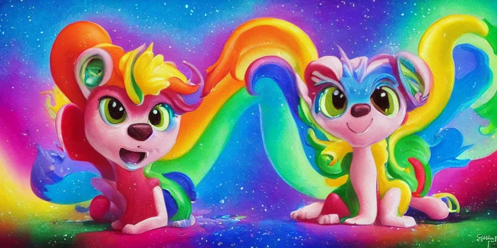 Image similar to rainbow sorbet made in the shape of 3 d littlest pet shop mythical manticore, realistic, melting, soft painting, desserts, ice cream, glitter, forest, aurora, master painter and art style of noel coypel, art of emile eisman - semenowsky, art of edouard bisson