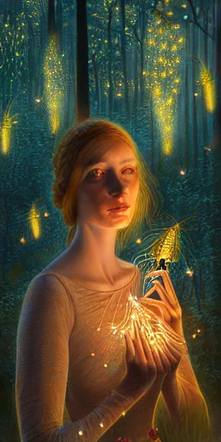 Image similar to young woman surrounded by golden firefly lights in a stunning scene, amidst nature fully covered by a intricate detailed dress, long red hair, precise linework, accurate green eyes, small nose with freckles, smooth oval shape face, empathic, bright smile, expressive emotions, hyper realistic ultrafine art by artemisia gentileschi, jessica rossier, boris vallejo