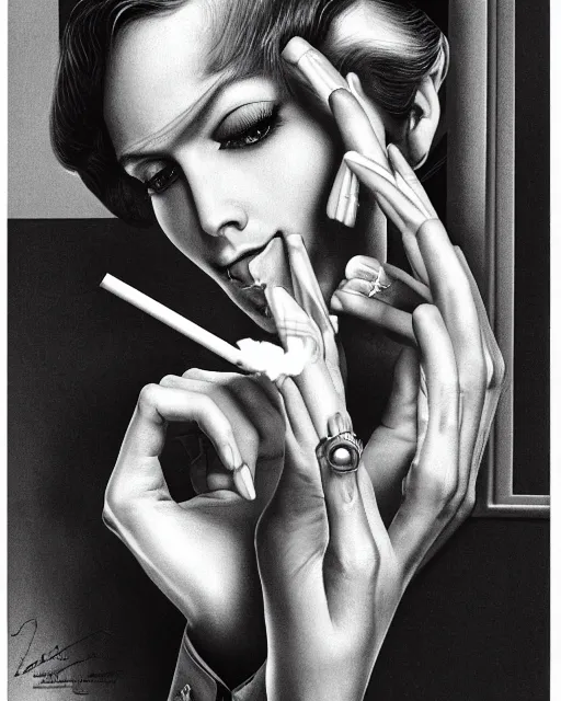 Prompt: you can see in the picture, acurate, real, elegant female hand, holding a cigarette with her fingers, elegant up to the elbow, only five fingers, separated, elegant, neat nails, fotorealism, advertisement for a crossover salon, style by Maurits Cornelis Escher, 8k,