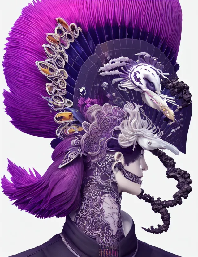 Image similar to 3 d goddess close - up profile simple portrait punk with mohawk with ram skull. beautiful intricately detailed japanese crow kitsune mask and clasical japanese kimono. betta fish, jellyfish phoenix, bio luminescent, plasma, ice, water, wind, creature, artwork by tooth wu and wlop and beeple and greg rutkowski