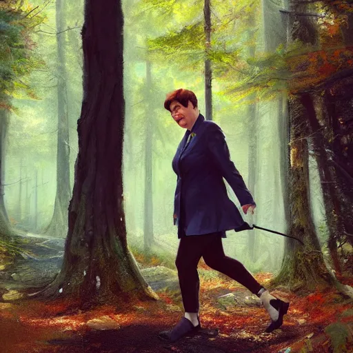 Image similar to close - up shot of supreme court justice elena kagan going for a walk in the woods, digital art by ruan jia and mandy jurgens and artgerm, highly detailed, trending on artstation, award winning