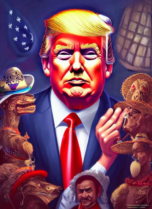 Prompt: donald trump as mexican in traditional mexican costume, digital painting, by valerian city of a thousand planets, by ruan jin, by mandy jurgens, by artgerm, william - adolphe bouguerea