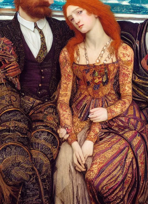 Image similar to detailed colourful masterpiece of intricate preraphaelite art novueau photography couple portrait sat down extreme closeup, love, inside an underwater train, detailed realistic expressions, wearing unusual clothes, by ford madox brown and frederic leighton, ultra wide angle