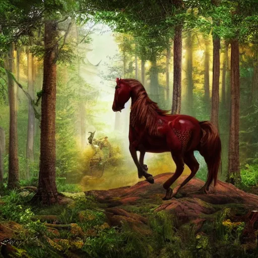 Image similar to a half - man, half - horse with a big red beard in a forest fantasy art, highly detailed