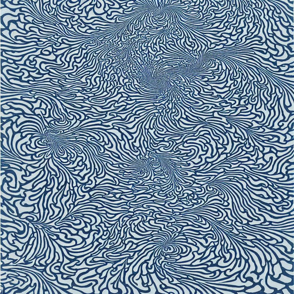 Image similar to optical illusion woodblock print, water fractal stamp pattern