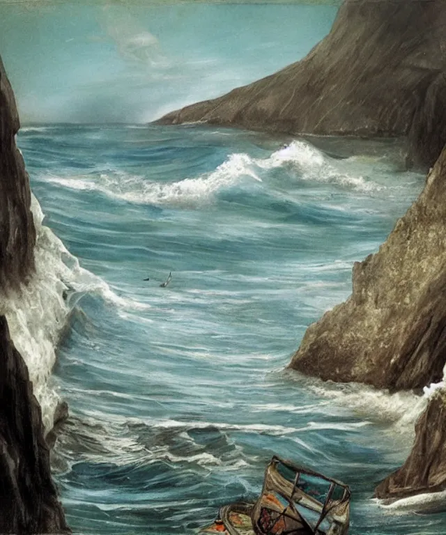 Image similar to photorealistic mixed - media of a 1 9 2 5 seiner sailing with the jamaican shoreline with the mouth of a sea cave at the waterline, dark, brooding, atmospheric, seascape, lovecraft, horror, smooth, epic, highly detailed, cinematic, by marianne north