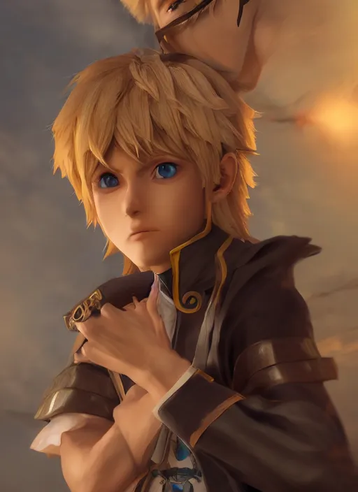 Image similar to An epic fantasy anime style portrait painting of a young blonde boy thief, unreal 5, DAZ, hyperrealistic, octane render, cosplay, RPG portrait, dynamic lighting