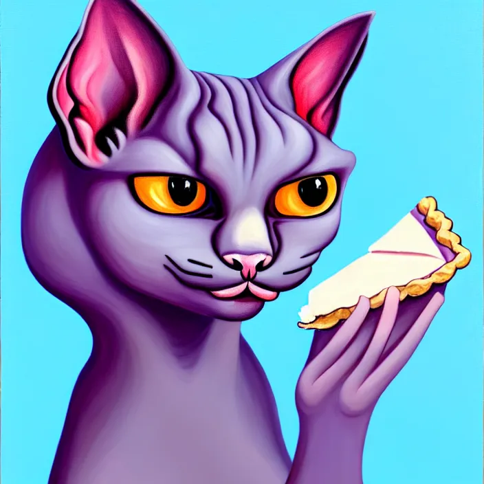 Image similar to an anthropomorphic sphynx cat fursona with big eyes eating a slice of blueberry pie, furry art, cute, minimalist, oil on canvas, soft lighting