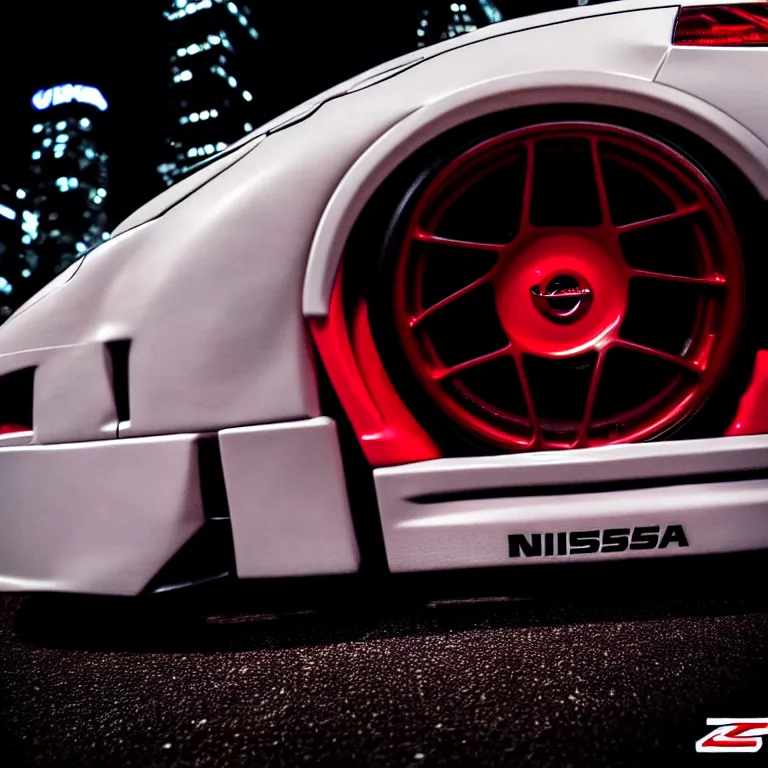 Image similar to close-up-photo Nissan Z32 turbo illegal roadside night meet, deep dish work-wheels, Shibuya Shibuya, cinematic color, photorealistic, highly detailed night photography