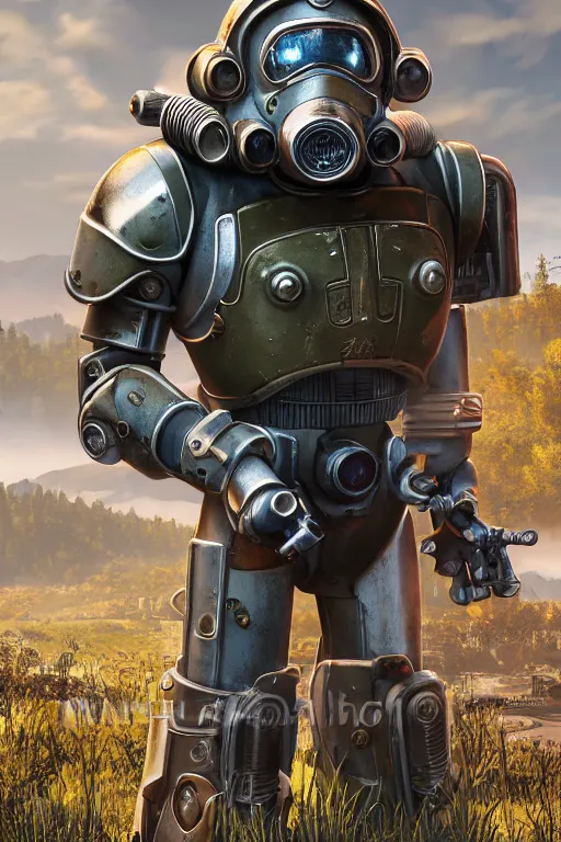 Image similar to fallout 7 6 power armor, hyper realistic, design by mark ryden and pixar and hayao miyazaki, unreal 5, daz, hyperrealistic, octane render, cosplay, rpg portrait, dynamic lighting, intricate, that looks like it is from borderlands and by feng zhu and loish and laurie greasley, victo ngai, andreas rocha, john harris