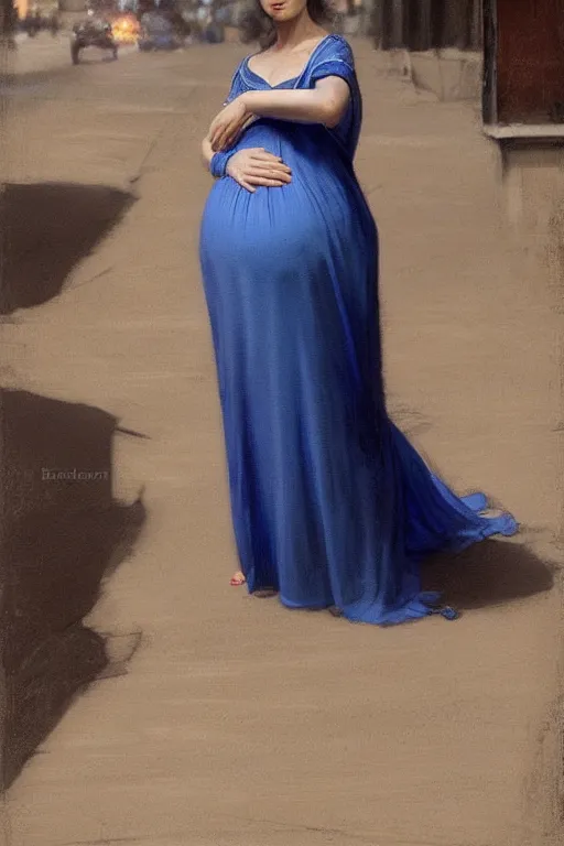 Image similar to pregnant woman in a small blue dress on night street, highly detailed, sharp focused, ultra realistic digital concept art by Edwin Longsden Long