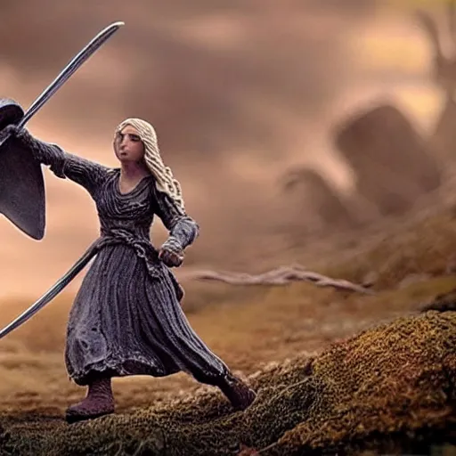 Image similar to claymation of eowyn fighting the wraith king in lord of the rings return of the king (2003), majestic, tilt shift, award winning, highly textured, very detailed!, dramatic