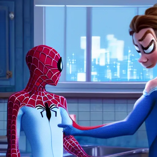 Image similar to spiderman and pregnant princess elsa talking in the kitchen, into the spiderverse cinematic render, ( 2 0 1 8 ) sony animation official media, clear details, award winning, blue gown, third trimester