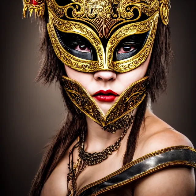 Image similar to portrait photo of a female warrior with ornate venetian mask highly detailed, 4 k, hdr, close up, portrait, smooth, sharp focus, high resolution, award - winning photo