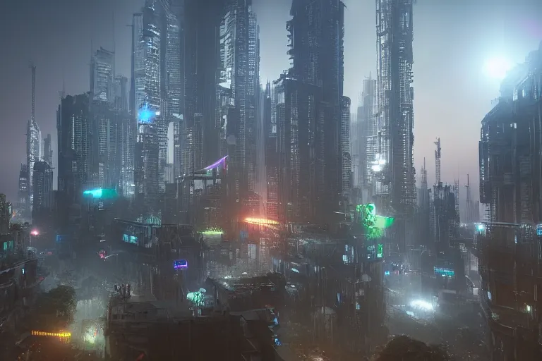 Prompt: Dhaka in the future, cyberpunk style, volumetric lighting, night, trending on artstation