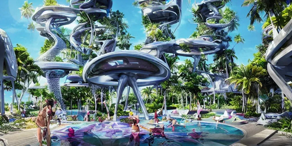 Prompt: futuristic paradise, real life picture, futuristic