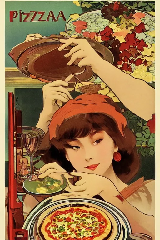 Image similar to pizza and pasta advertisment, still life, 1 9 7 0 s japan shouwa advertisement, print, nostalgic, alphonse mucha