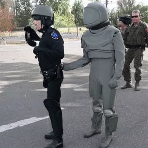 Image similar to extraterrestrial zeta reticulan grey alien, being arrested by spetsnaz