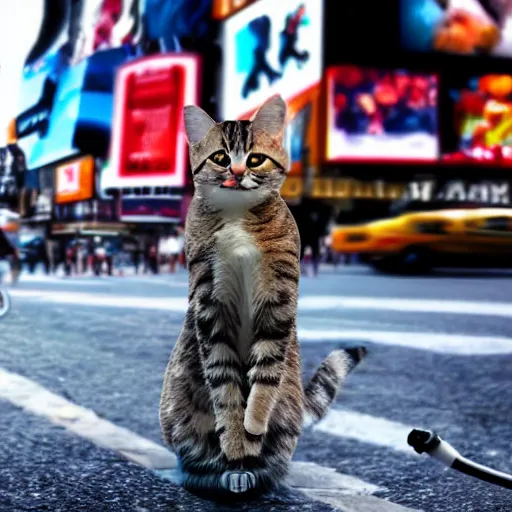 Image similar to a photorealistic, 4 k, photoshoot of a cat riding a bicycle though times square