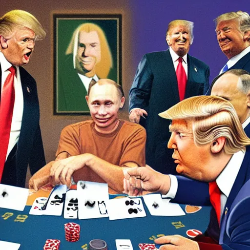 Image similar to donald trump and jesus christ playing poker while putin serves drinks and smiles