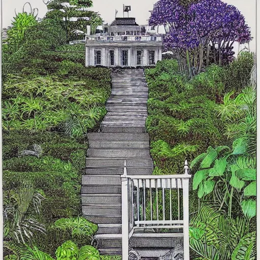Image similar to old white house small stairs into lush garden, drawing moebius