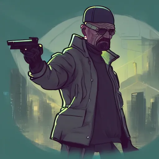 Image similar to high quality illustration, walter white pointing a gun, portrait, cyberpunk colors, neotrad, lois van baarle, moebius, league of legend, arcane style