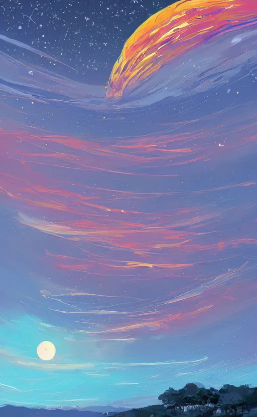 Prompt: a beautiful illustration of the sun king at night, art of alena aenami, featured on artstation, vertical orientation, paint brush strokes, expressionism, brushstroke - laden, breathtaking clouds, birds, ocean, beautiful stars, long exposure, big moon radius, airy midnight theme, blue purple gradient, lens flare