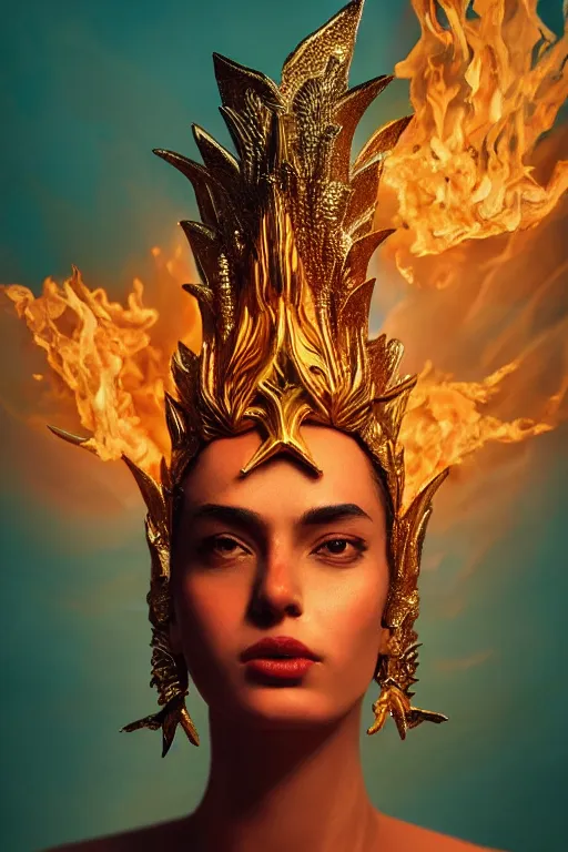 Image similar to an attractive powerful young slim 30yo female goddess of fire wearing a divine costume with a magnificent hood, feminine divine, award winning contemporary art close up headshot matte painting by Alessio Albi, Ross Tran, and WLOP, her outfit is intricate and was designed by Frank Stella and Masaaki Yuasa, portrait, trending on artstation, volumetric gel light