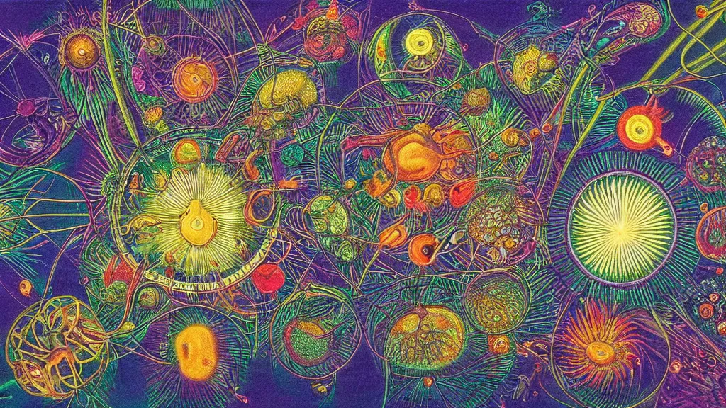 Image similar to quantum connections represented as symbiotic organisms like cells playing around with colorful lights by ernst haeckel, lightfull