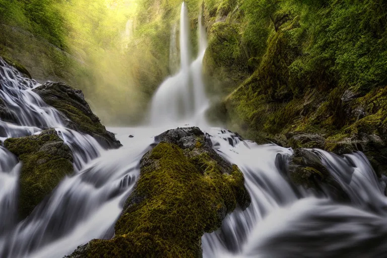 Prompt: Walking into a very tall majestic Norwegian waterfall, creek, rocks, digital art, 8K