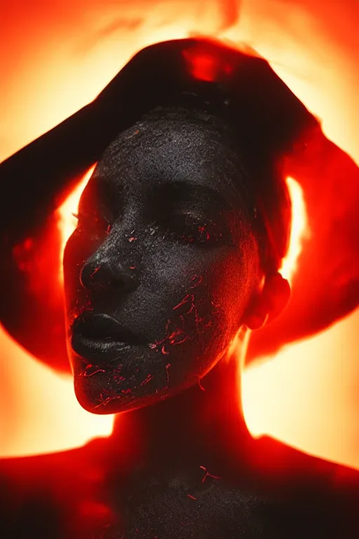 Image similar to a woman made entirely of black smoke, dancing, atmospheric, octane render, red lighting, soft lighting, volumetric light