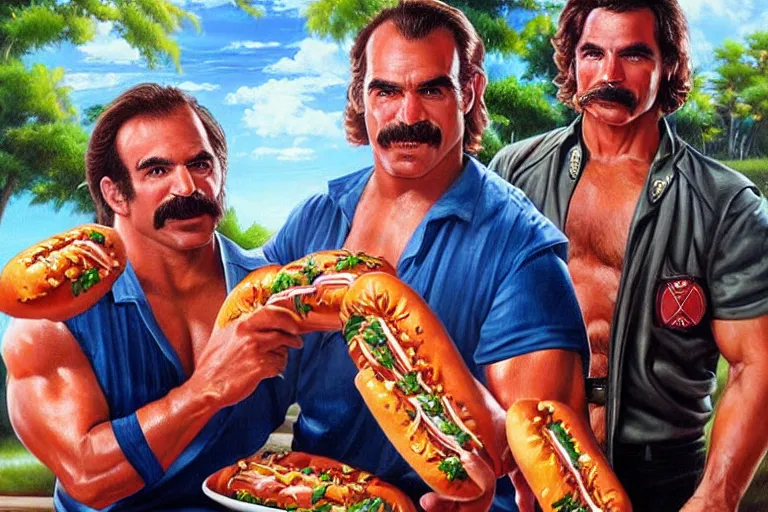 Image similar to portrait of wwf rick rude and wwf jake roberts sharing hotdogs, an oil painting by ross tran and thomas kincade