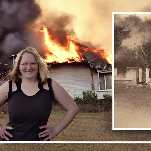 Prompt: a photo of a house burning down in the background and a woman with an eerie smile in the foreground, strong depth of field - n 4