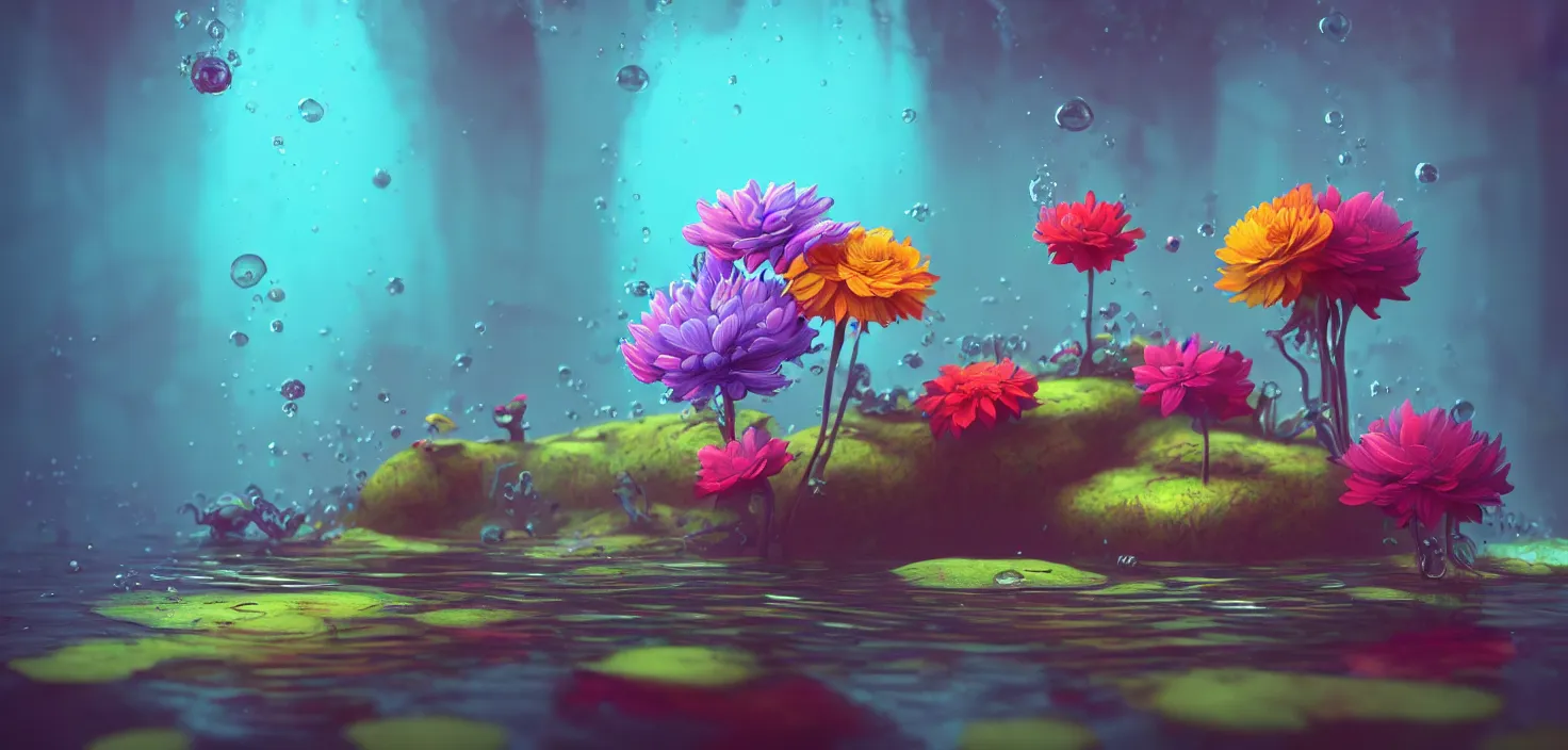 Prompt: colourful murky nature with the beautyful flowers in water, in the style of craola, shallow depth of field, highly detailed, digital painting, trending artstation, concept art, illustration, cinematic lighting, vibrant colors, photorealism, epic, octane render