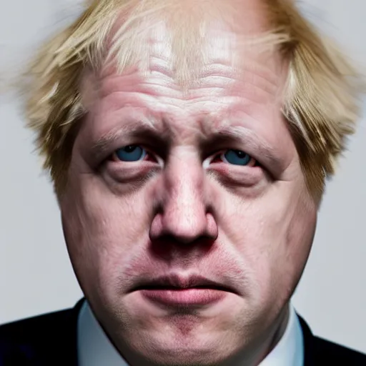 Image similar to Professionally Taken Photo of a sad and bald Boris Johnson, he is looking straight into the camera, forward angle, white background, realistic, hyperrealistic, in real life, highly detailed, very detailed, 4k resolution, 8k resolution, trending on artstation, real life