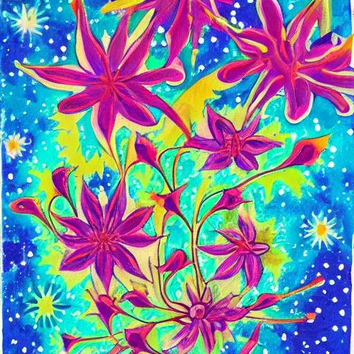 Prompt: astral array of flowers gouache