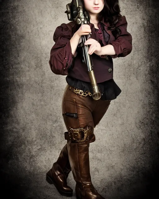 Image similar to Young girl in steampunk clothes, she wears boots and holds a gun, full body shot, sharp focus, photography, very detailed, dark hair, by nikon, by Iphone, 4k