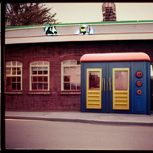 Prompt: daleks at a vintage McDonalds drive thru window, kodak Ektachrome 10, 35mm