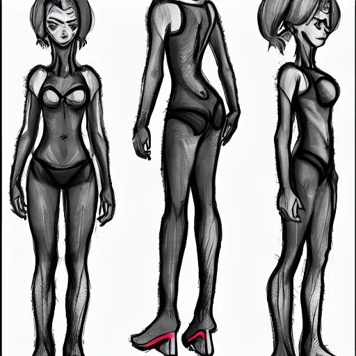 Image similar to a never before seen character, female, cute, beautiful, young, concept sketch, front and back
