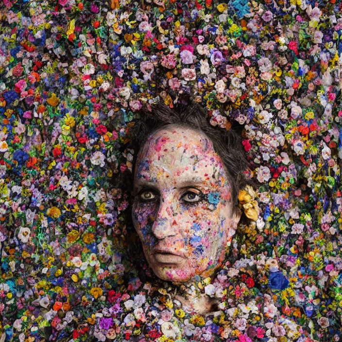 Prompt: a closeup portrait of a woman wearing a cloak made of plastic and mud, in an infinite landscape of flowers, photograph by paula rego, canon eos c 3 0 0, ƒ 1. 8, 3 5 mm, 8 k, medium - format print