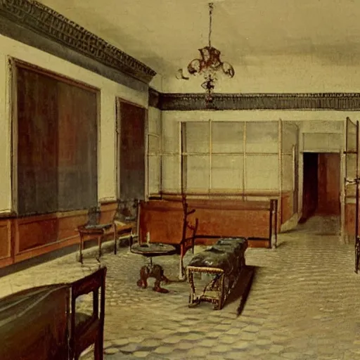 Prompt: victorian era clinic interior with beds and screens, clean, matte painting, 19th century, oil painting