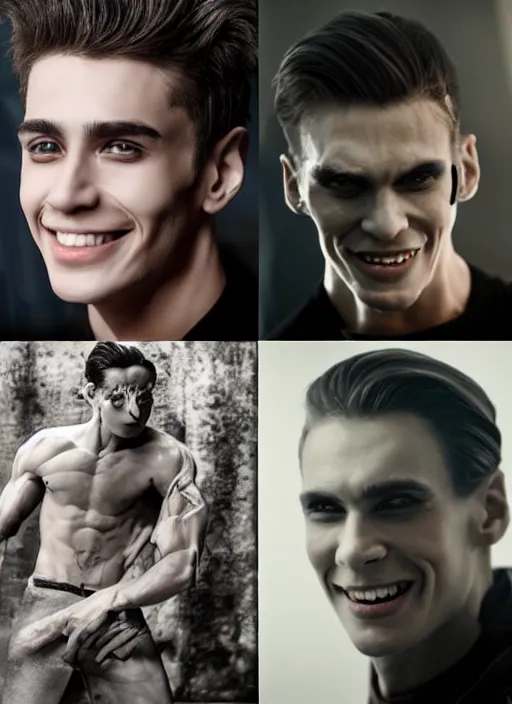 Image similar to Handsome Frankenstein, smooth skin, young man, masculine, strong cheekbones, charming smile, gorgeous