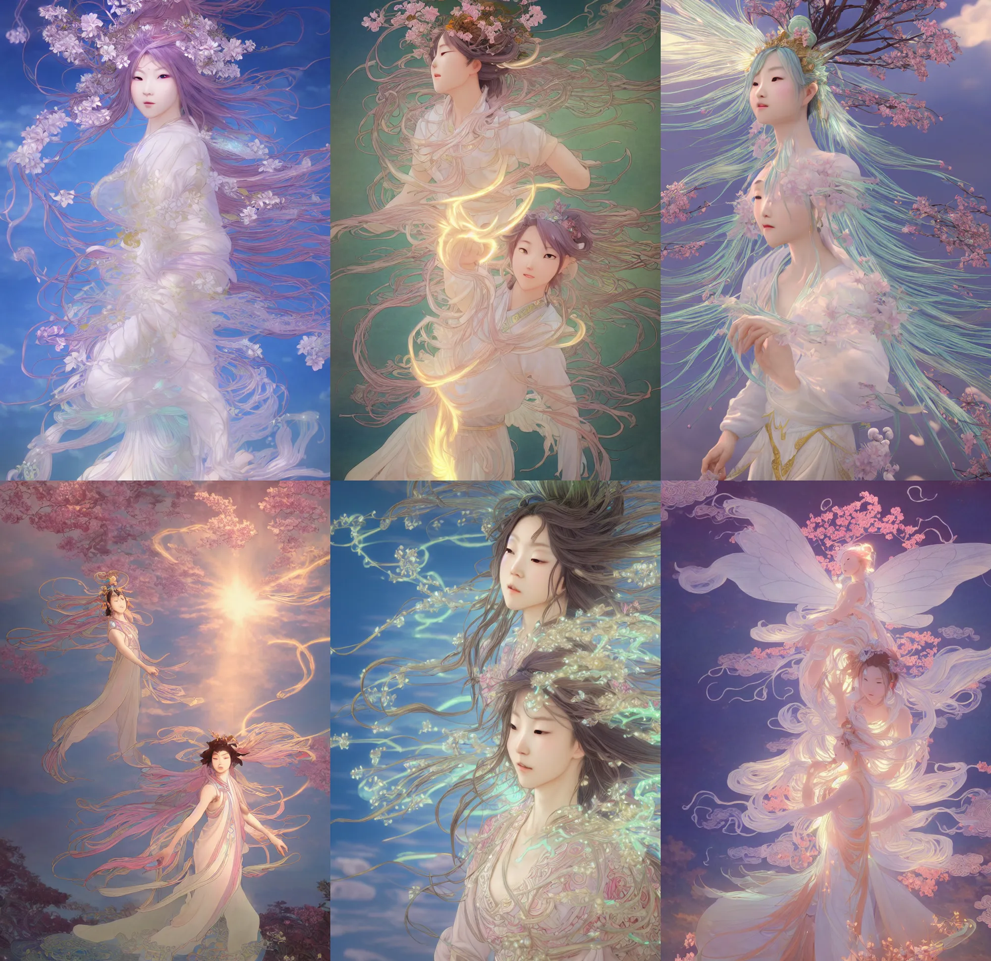 Image similar to glowing cloud, chinese taoist fairy goddess. hyper detailed, character concept, full body, dynamic pose, intricate, lineart, cerpuscular rays, lily flowers. by yoshitaka amano, alfons mucha and makoto shinkai. 8 k