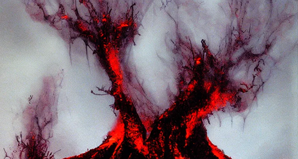 Image similar to a volcano made of ivory vines and crimson rocks enters in eruption, it spits a smoke in the shape of demonic eye, by Luis Royo,