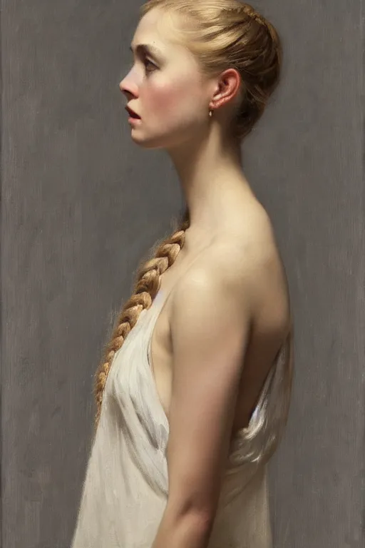 Prompt: profile of blonde girl looking down, braided hair, satin dress, side view, before a stucco wall, soft light, jeremy lipking, serge marshennikov
